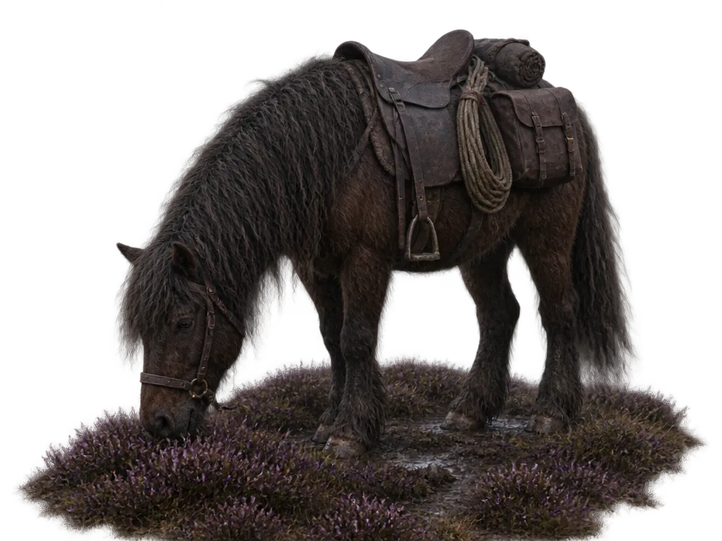 Kuda moor kecil berbulu lebat, coklat gelap, berpelana kulit, merumput di heather.
