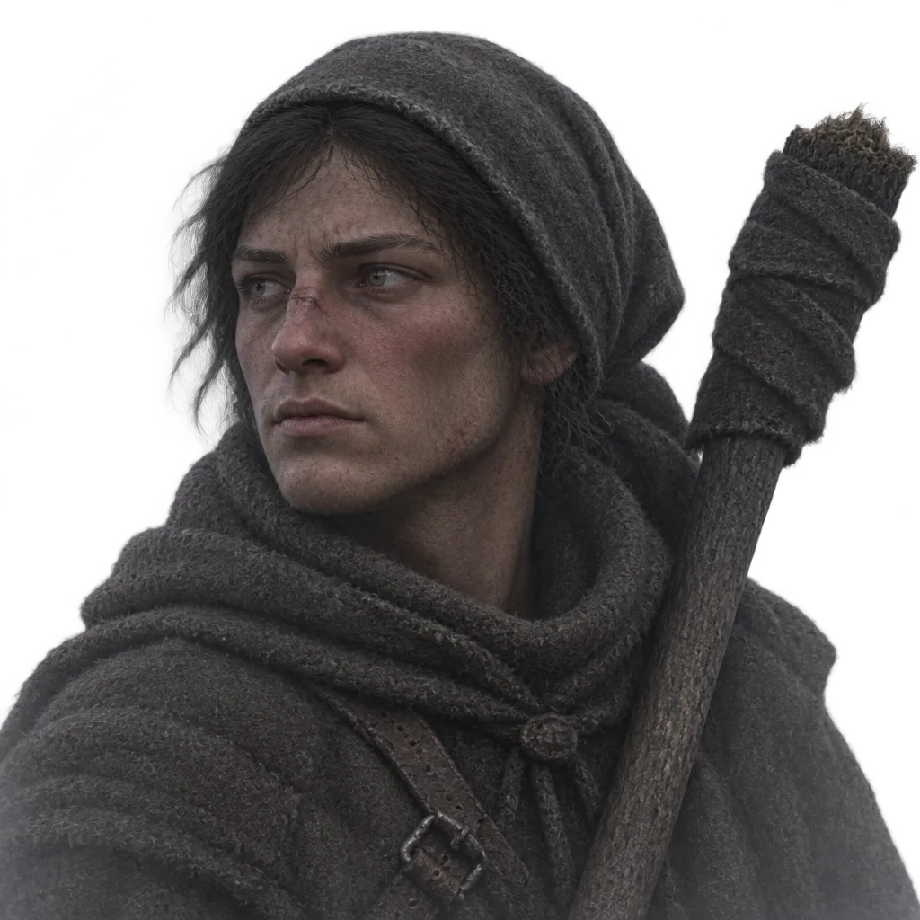 Potret Nan of Harelaw: perempuan berpipi jelaga, syal wol, obor di bahu.