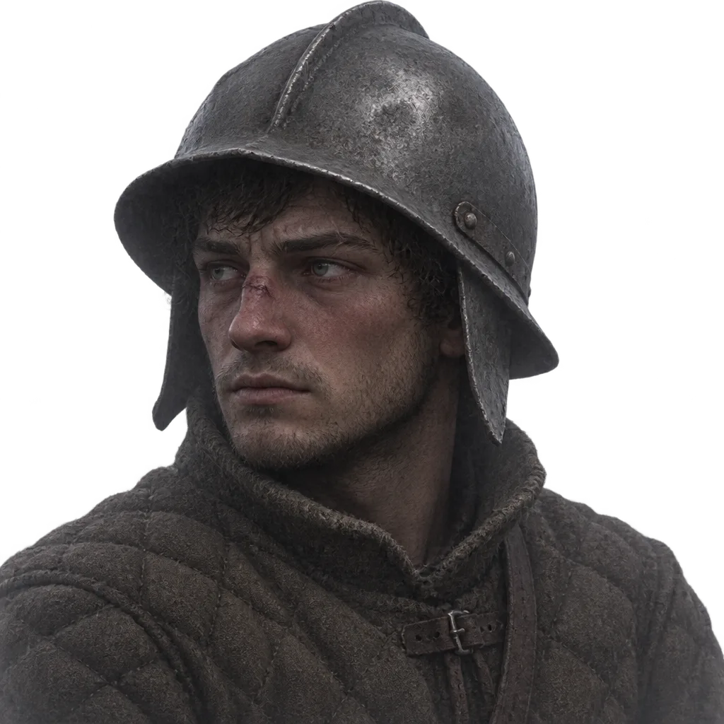 Potret Wat Elliot: pemuda berhidung bengkok, helm baja penyok, jaket berlapis.