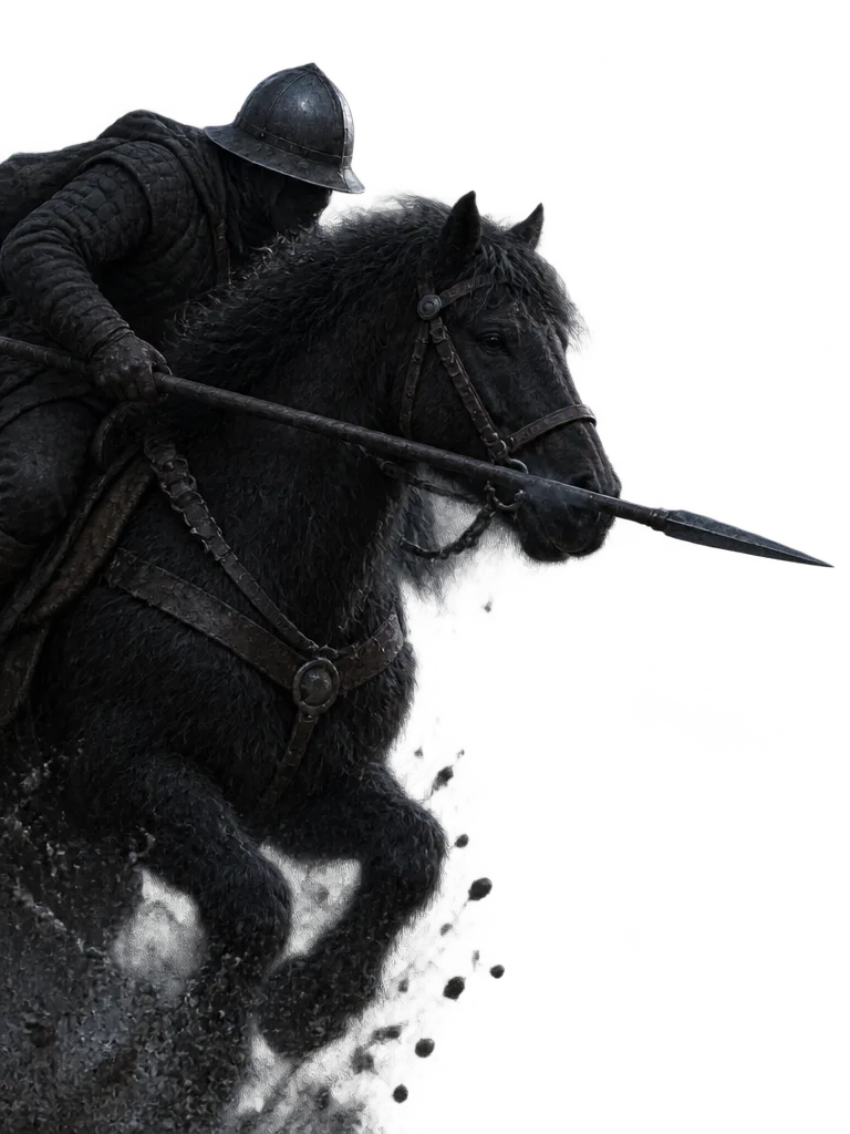 Seorang reiver menunggang kuda hitam keluar dari kiri dengan tombak rendah.