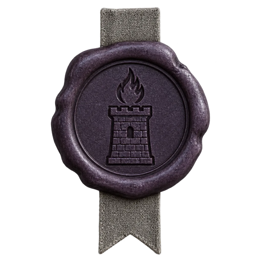 Segel lilin ungu bergambar menara dan api, cap resmi maklumat.