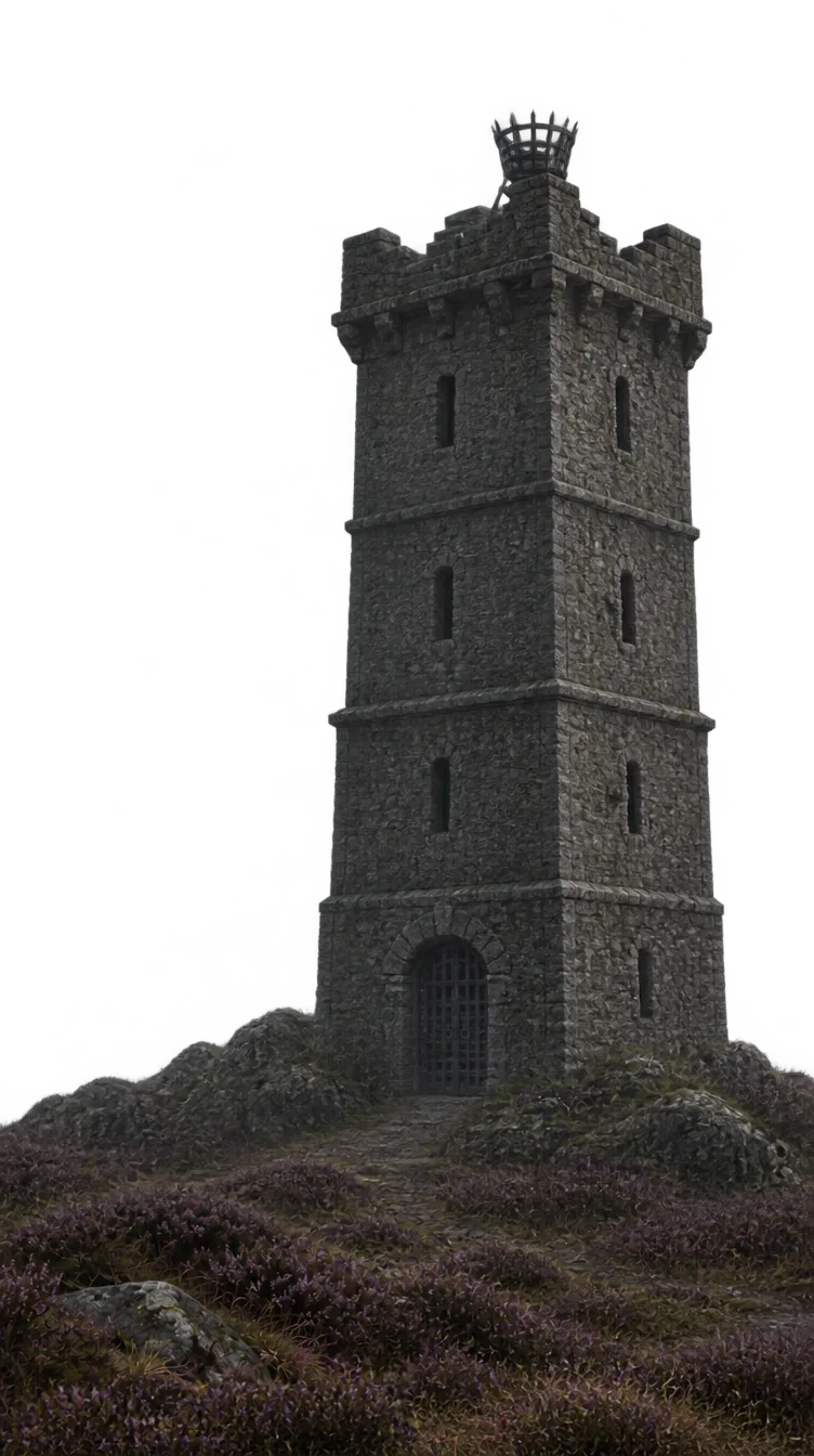 Menara peel keluarga Elliot, empat lantai batu kelabu dengan keranjang suar besi di atapnya.